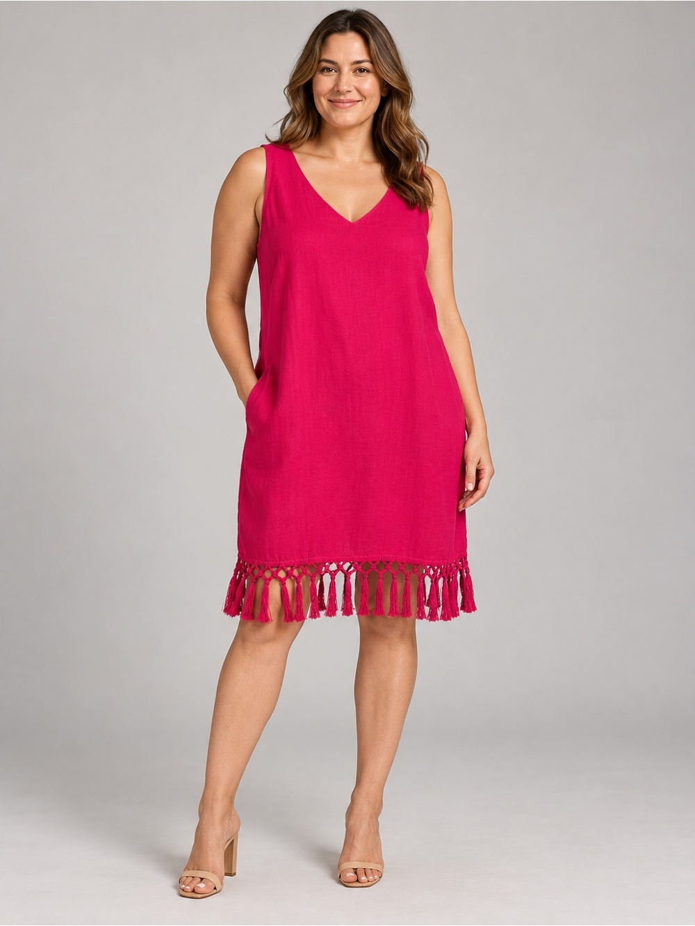 FORCYNTHIA Pink Linen Blend Fringe Hem Shift Dress Pockets Size L